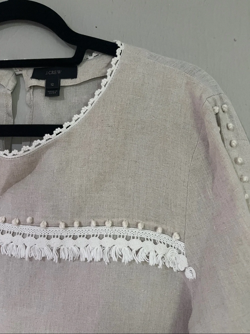 J.Crew Linen Pom-Pom Fringe Long Sleeve Blouse